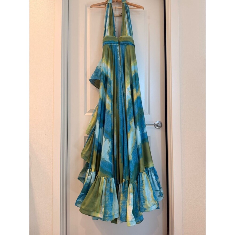 Bronx Banco Palma Coastal Gown Teal & Lime Halter High-Low Ruffle Maxi Dress - Picture 16 of 16